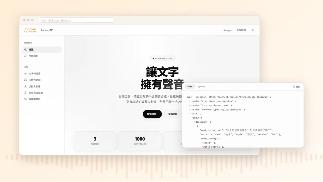 VoAI API 文件網站 connect.voai.ai 的總覽頁,旁邊是多角色對話的 cURL 請求範例